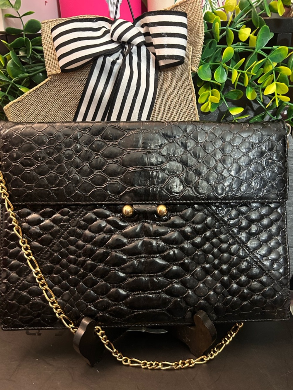 MCM Crocodile Leather Clutch with Original MCM Gold chain and hardware